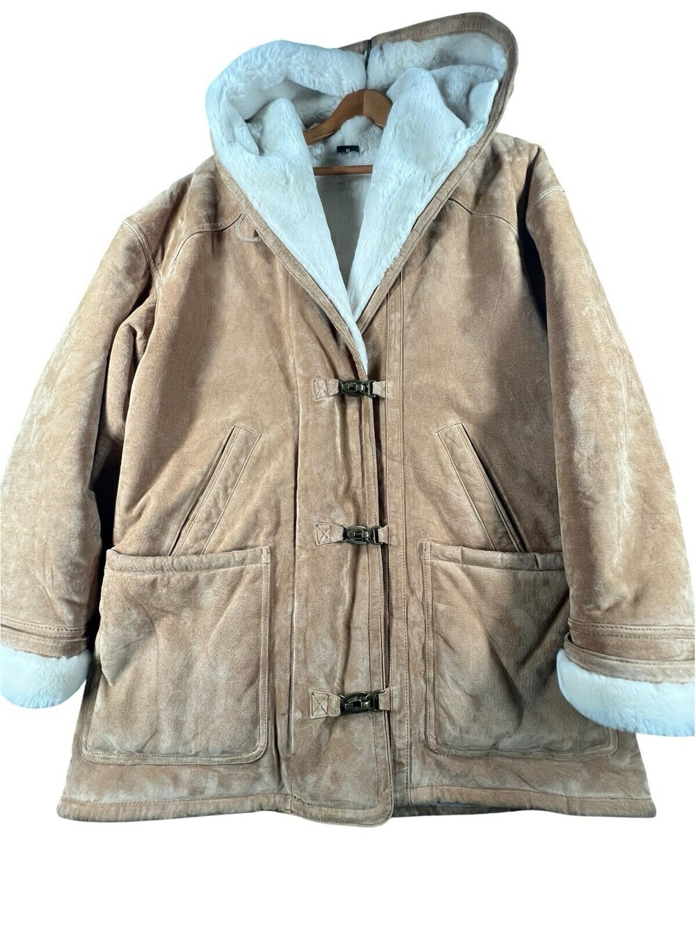 Gallery Genuine Leather Shearling Hooded Toggle Coat Tan Women’s M Quiet Luxury - Picture 2 of 8